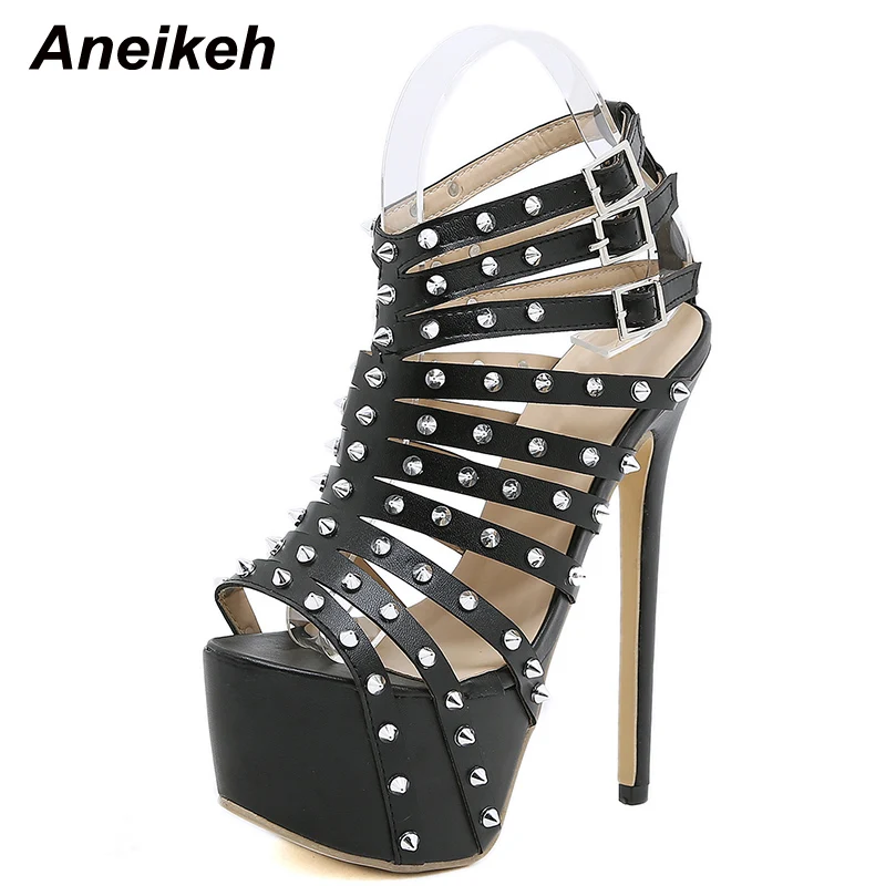 Aneikeh Gladiator Rivet Women High Sandals Summer Sexy Stripper 2024 17.5CM Thin Heels Shoes Platform Fashion Narrow Band Pumps