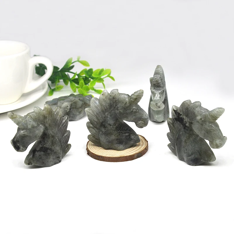 Natural Crystals And Stone Flash Labradorite Unicorn Statue Reiki Animal Figurine Home Office Desktop Decoration DIY Gift 5P