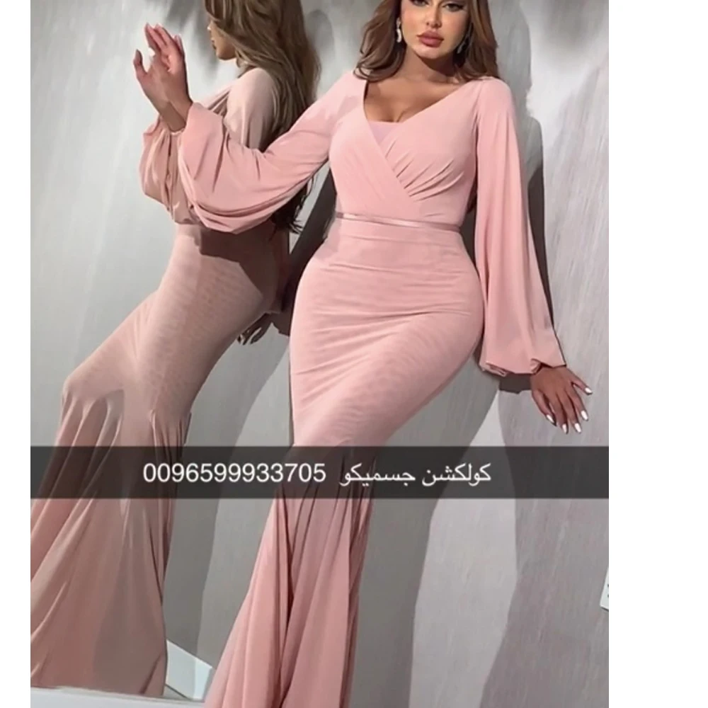 Robe de bal de forme sirène, rose, manches longues, plissée, col en v, longueur au sol, robes de soirée, 2020