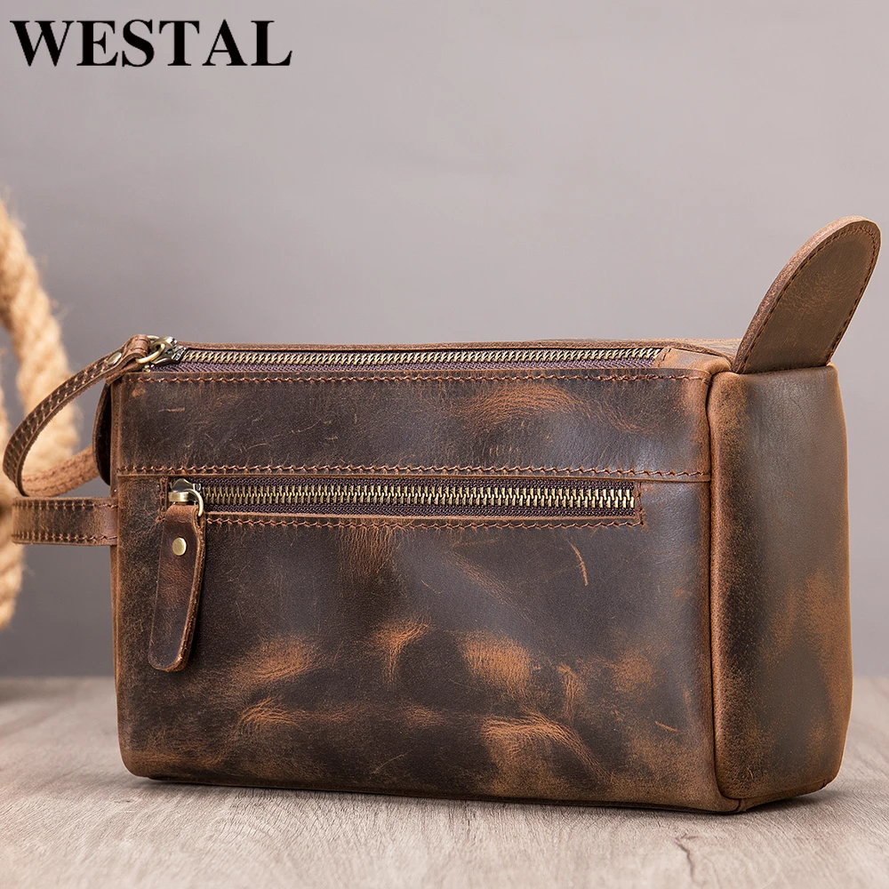 WESTAL Men\'s Clutch Wallet Crazy Leather Long Handbag For Men Zipper Hand Clutch Bag Genuine Leather Male Toiletry Bag Fashion