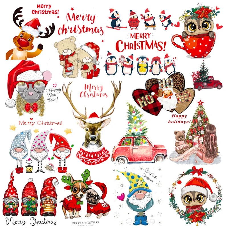 Christmas  Deer Heat Transfer Printing  Christmas Tree Clothes Patch Christmas Gifts Iron-on Transfers For Clothing Santa Claus