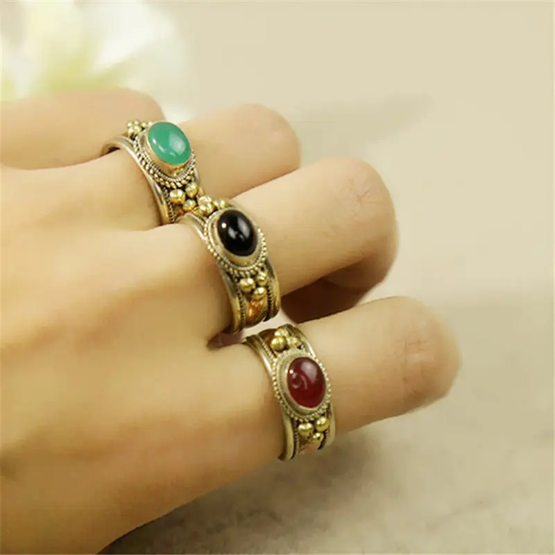 Vintage Metal Rings for Girls Copper Inlaid Multi Beads Golden Rings R131