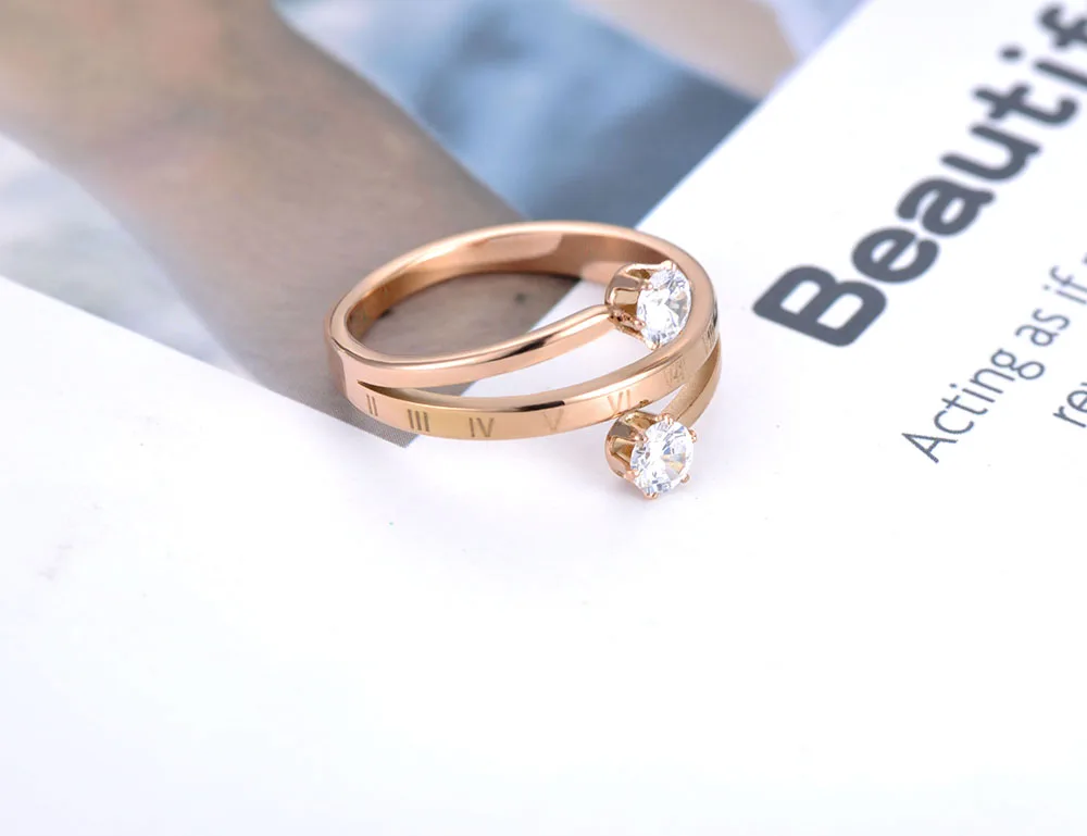 JeeMango Trendy Stainless Steel Roman Numerals Rings For Women Rose Gold Color Double Cubic Zirconia Engagement Jewelry JR19118