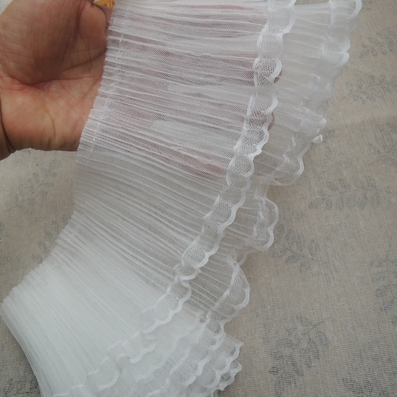 12CM Wide White Black Double Layers Tulle Embroidered Ribbon Pleated Mesh Elastic Ruffle Trim Wedding Dress Fringe Sewing Decor