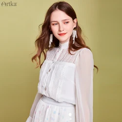ARTKA 2020 Spring Summer New Women's Blouse Elegant Lace Long Sleeve White Blouse Stand Collar Chiffon Shirt Women SA20307C