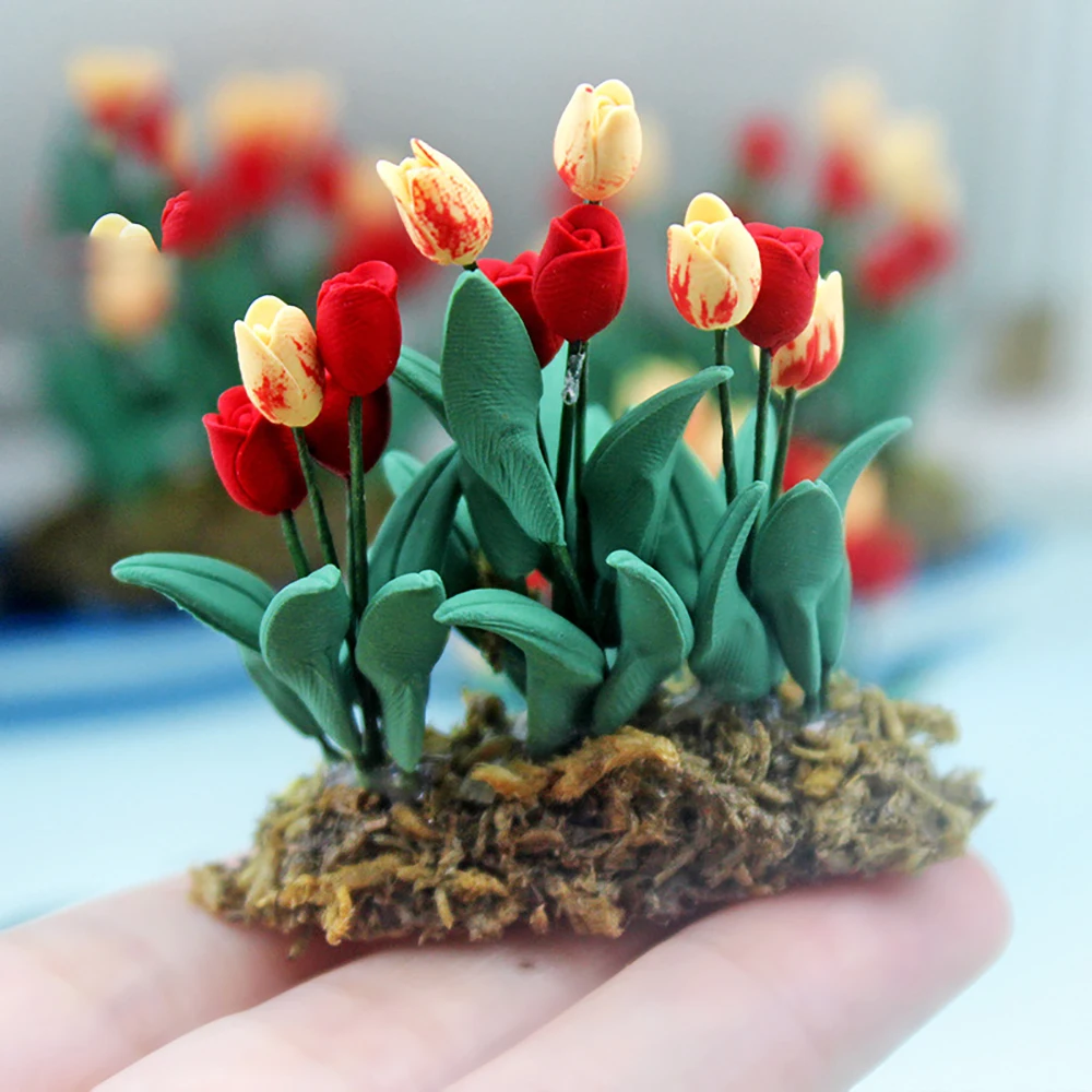 1/12 Dollhouse Miniature Accessories Mini Tulip Daffodils Morning Glory Simulation Garden Flower Model Toys for Doll House Decor
