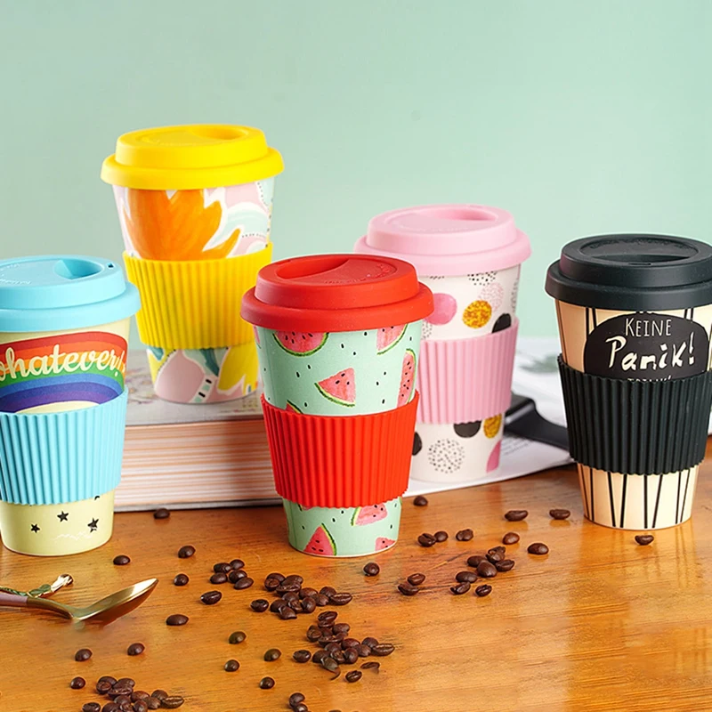 Heat Resistance Bamboo Fiber Mug Coffee Mugs With Silicone Lid Tea Milk Bear Cup Drinkware Water Bottle 470ML