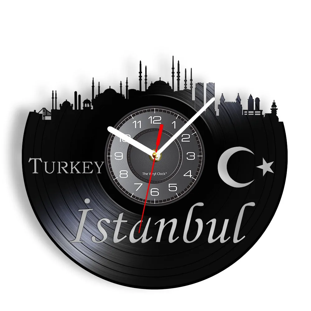 Istanbul Turkish City Skyline Vinyl Record Wall Clock Cityscape Home Office Decor Silent Watch Turkey Moon And Star Artwork