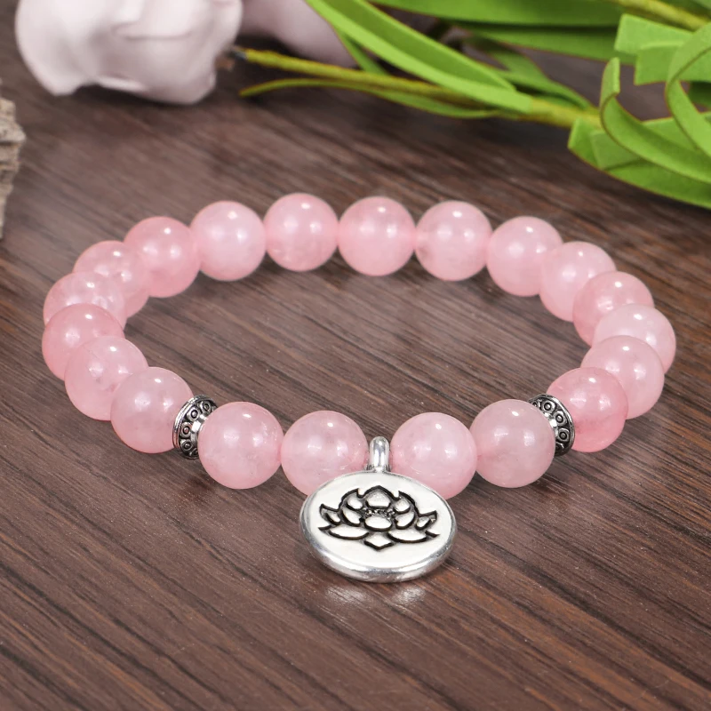 Pulsera de cristal Rosa Natural para mujer, brazalete curativo de Biddha, cuentas de Mala, piedra de loto, pulsera de Yoga, joyería de Chakra