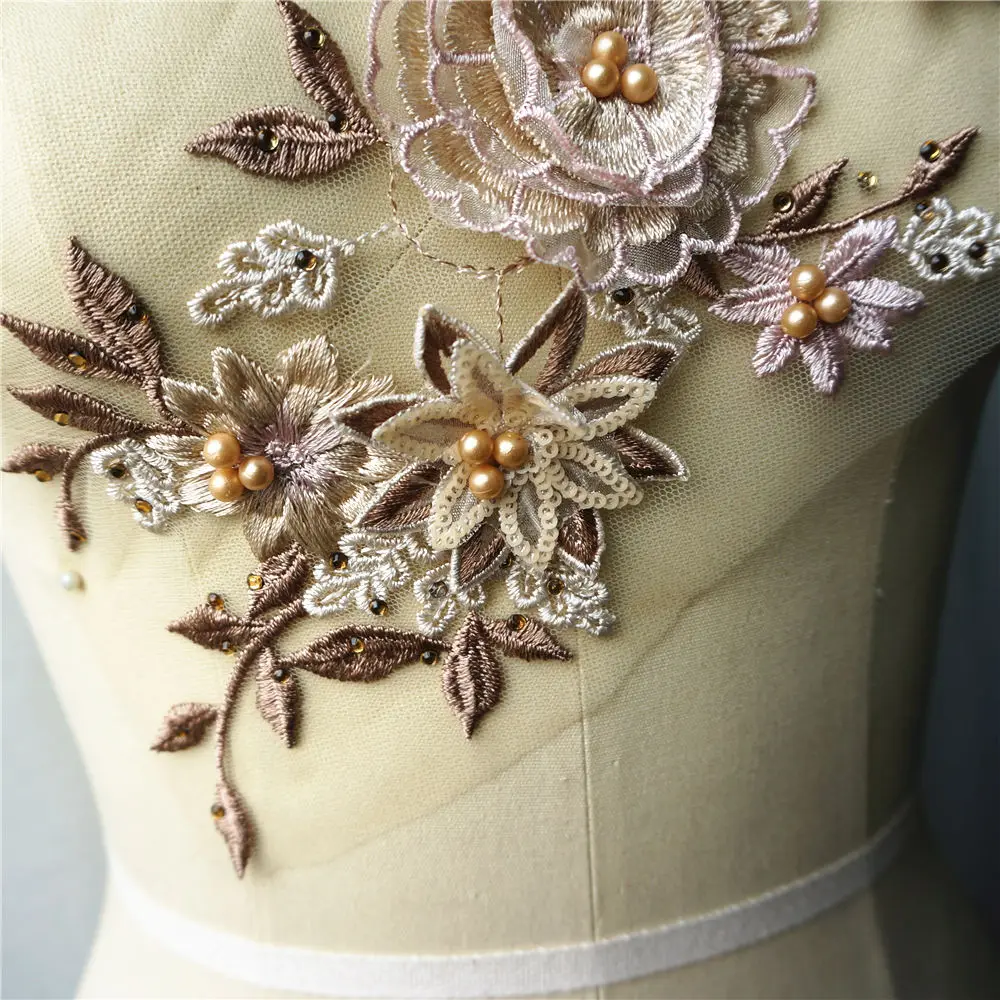 Brown Lace Fabric 3D Flowers Appliques Beads Rhinestones Leaves Embroidery Mesh Sew On Patch For Wedding Decoration Dress DIY