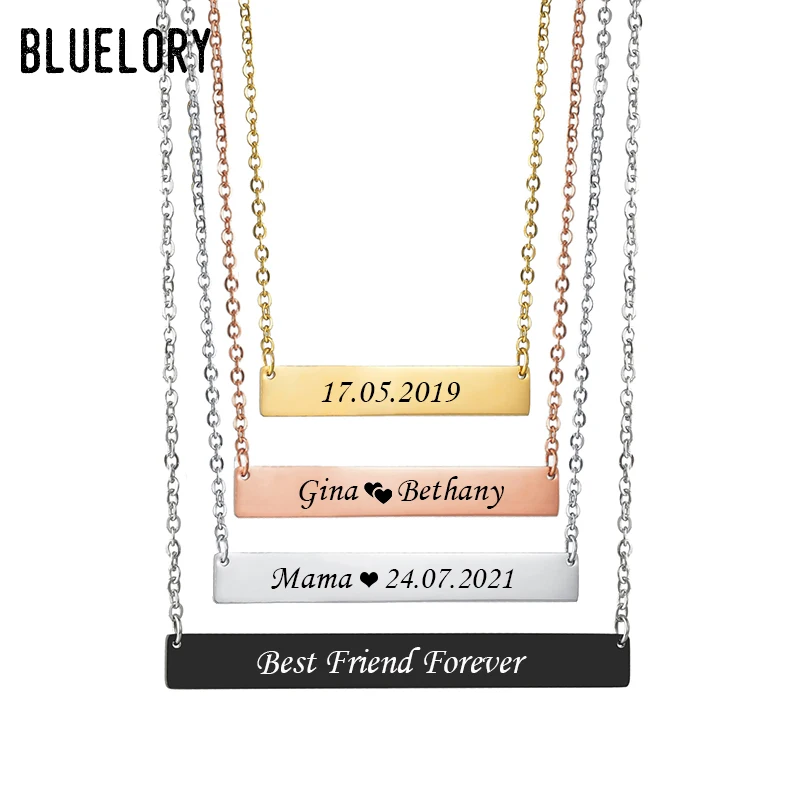 Bluelory Custom Name Bar Women Necklace 4 Colors Laser Engrave Names Date Word For Family Friend Lovers Customized Jewelry Gift