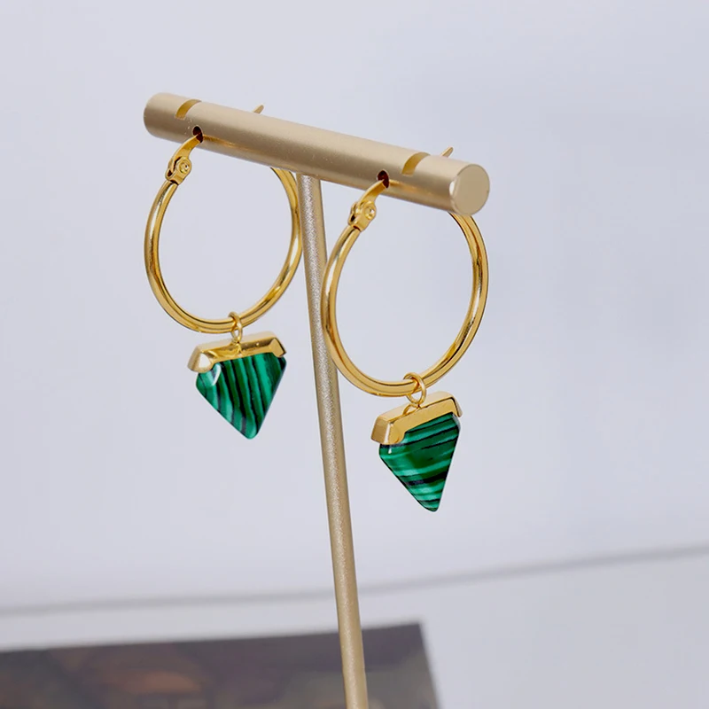 ZJ Minimalist Non Tarnished 42mm Long Green Natural Stone Pendant Hoop Earrings Women Statement Street Style Jewelry Wholesale