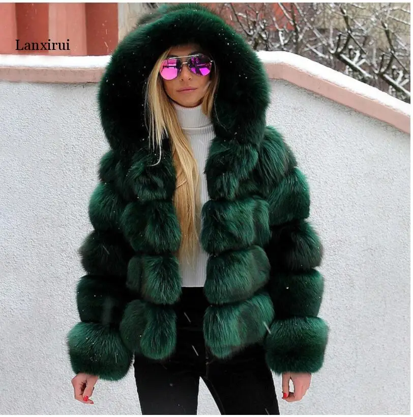 Fake Fur Coat Female Fox Fur Jacket With Hood Whole Skin Men Made Fox Fur Coat Women Winter Luxury thick Fur Coat