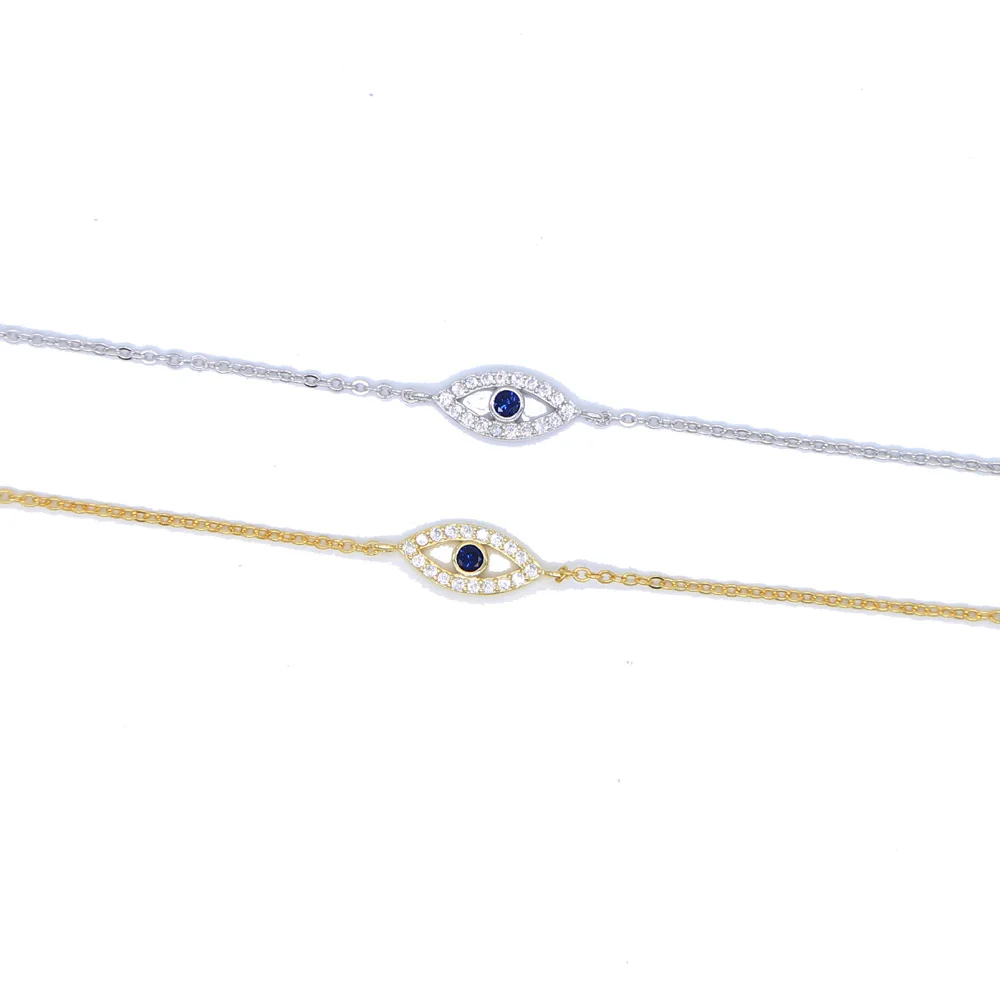 100% 925 Sterling Silver Tiny Turkish Evil Eye Micro Pave Cz Gold Thin Adjustable Link Chain Charm Bracelets Jewelry For Women