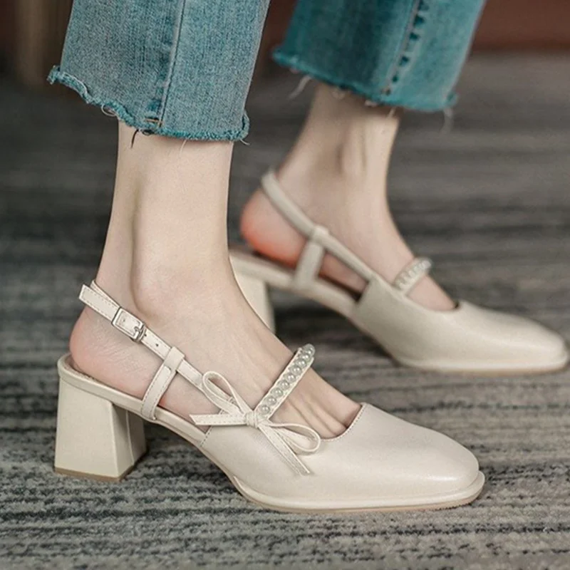 

Summer 2021 New Woman Sandals Fashion Bow Knot Pearl Square Toe High Heel Mary Jane Shoes Woman Platform Sandals for Women