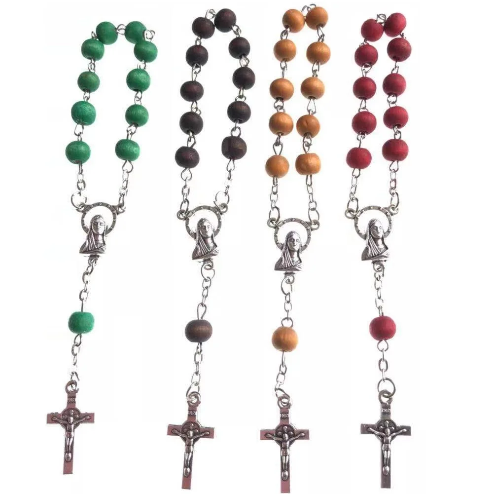 12pcs/pack 6mm wooden rosary bracelet,perfum wood bead bracelets with rose scent, Virgin Mary centerpiece and benedict cross