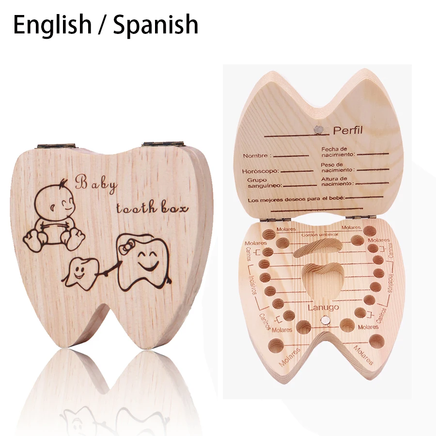 New Spanish/English Baby Wood Tooth Box Umbilical Organizer Milk Teeth Storage Collect Teeth Baby Souvenirs Gift Keepsakes