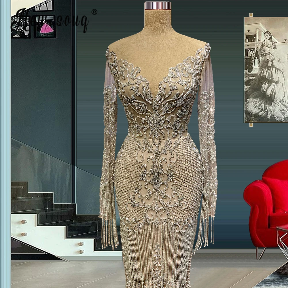 Muçulmano nude prata overskirt borla beading vestidos de noite 2022 cristais sereia luxo elegante para a festa da mulher