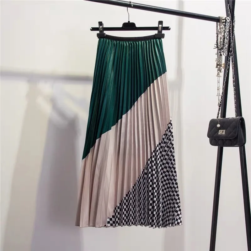 Marwin 2019 Spring New-Coming Europen Color Matching Plaid  Pleated skirt High Street Style Mid-Calf Empire Striped Women Skirts