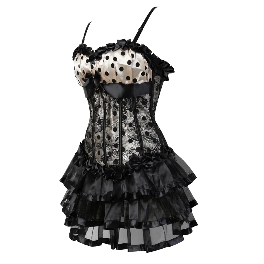 Women Sexy Lace Corset Dress Vintage Print Dot Cup Straps Overbust Corset Bustier Top With Striped Mini Skirt Set Plus Size