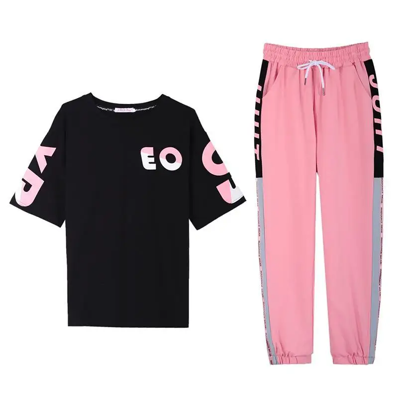 Conjunto deportivo holgado de dos piezas para mujer, traje de chándal informal, negro, blanco y rosa, trajes de Club, pantalones cortos de verano, 2020