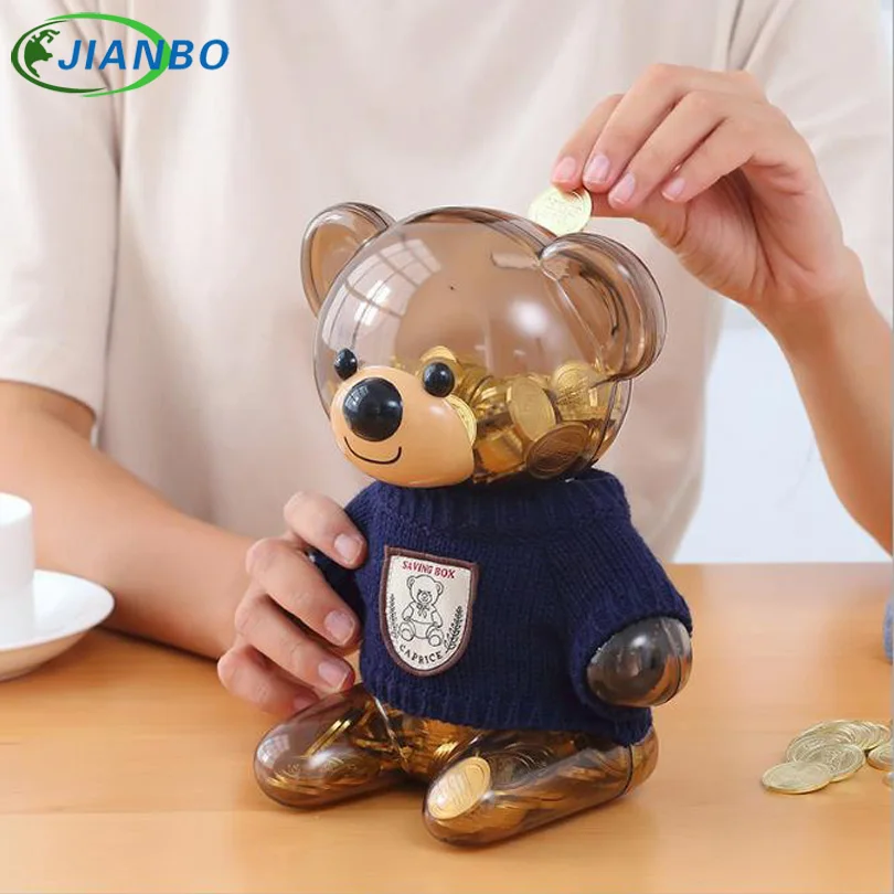 Plastic Money Safe Box Cartoon Sweater Bear Electronic Piggy Bank Transparent Child Kid Coins Collector Lovely Christma Present