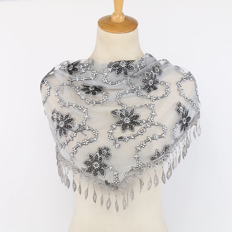 Embroidered Scarf for Church Catholic Prayer Shawl Spanish Mantilla Lace Hollow Veil Scarf Tassel Floral Transparent Shawl Laven