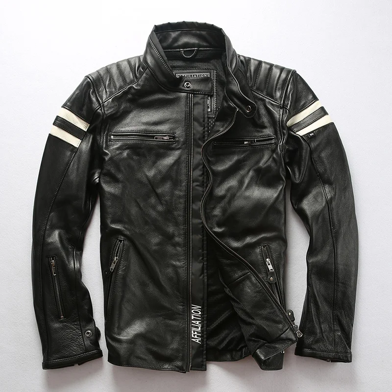 Brand Autumn Winter Genuine Leather Jacket Male Vintage Motorcycle Rider Jacket Stand Collar Cowhide Smart Casual Zipper Coat