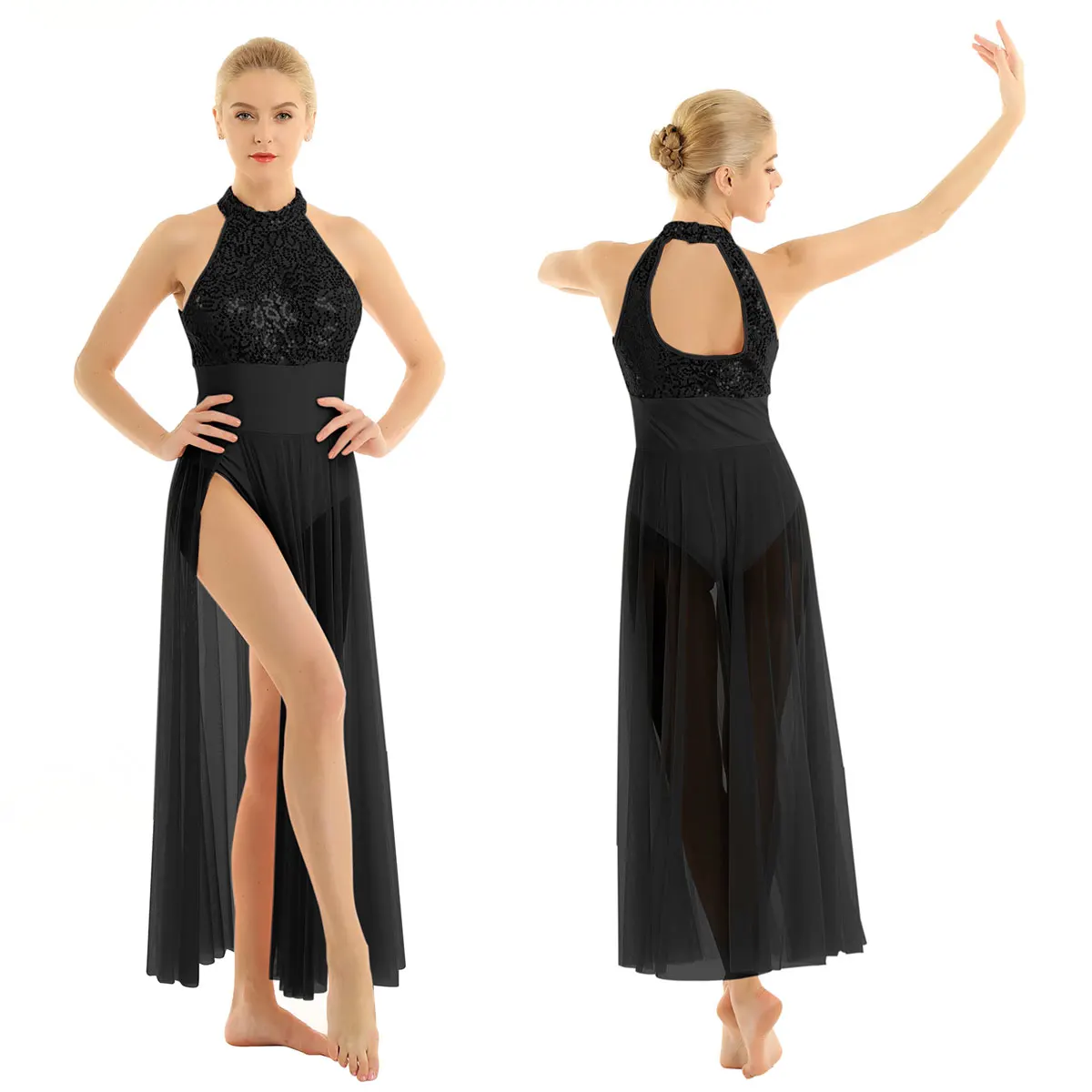 

Women Ballet Dress Sleeveless Halter Sequined Mesh Maxi Ballet Dance Class Exercise Stage Performance Dress Built-in Leotard