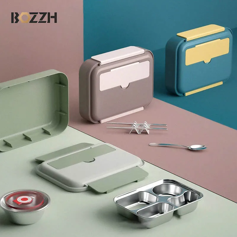 BOZZH Lunch Box Japanese Style Portable Outdoor 304 Stainless Steel thermal Lunch Box For Kids With Compartment Food Boxs