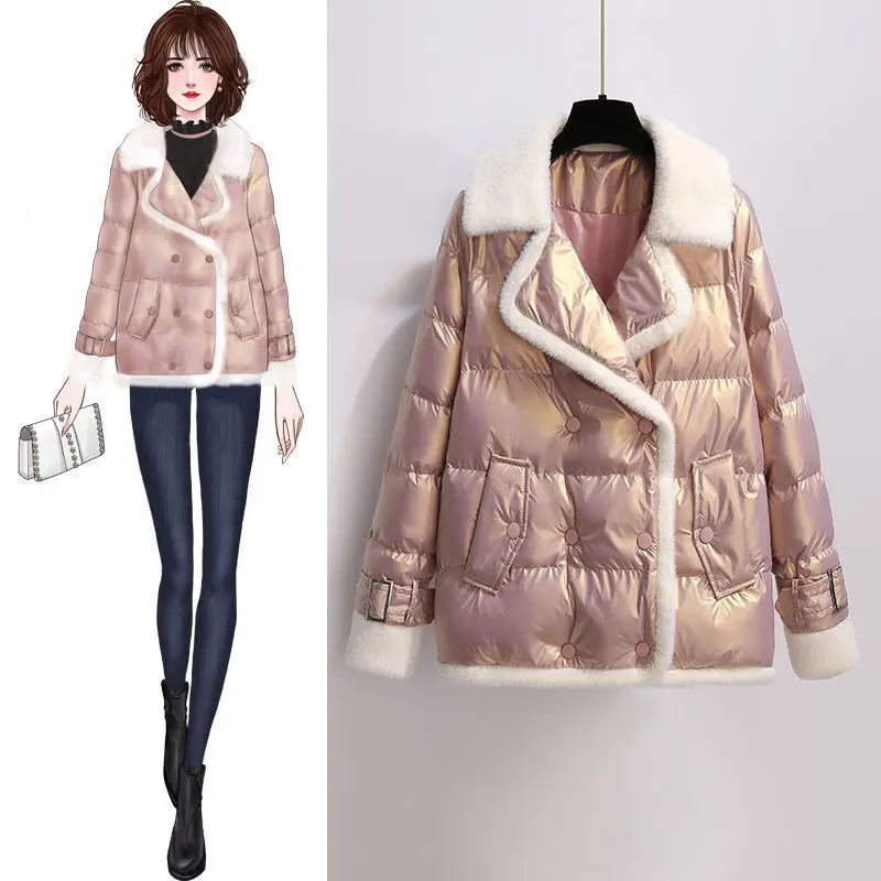 Plus Size Glossy Parkas Double-breasted Cotton Padded Women Winter Jacket Warm Thicken Short Ladies Coat Loose Female Outerwear