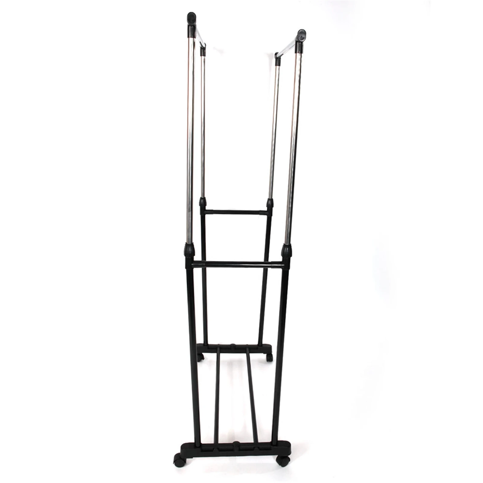 Dual-Bar Vertical and Horizontal Stretching Stand Clothes Drying Rack with Shoe Shelf&Wheels Black & Silver[US-Stock]