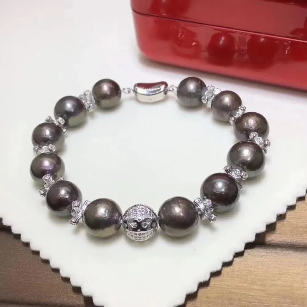 

D910 Pearl Bracelet Fine Jewelry Round 10-13mm Fresh Water Peacock Green Black Pearls Bracelets for Women Fine Presents