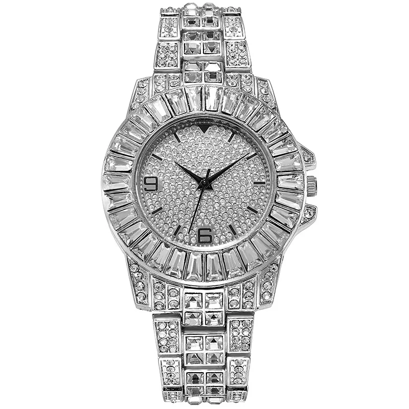 Iced Out-reloj con diamantes de imitación incrustados para hombre y mujer, conjunto de joyería, Gargantilla, cadena cubana, Hip Hop, Miami