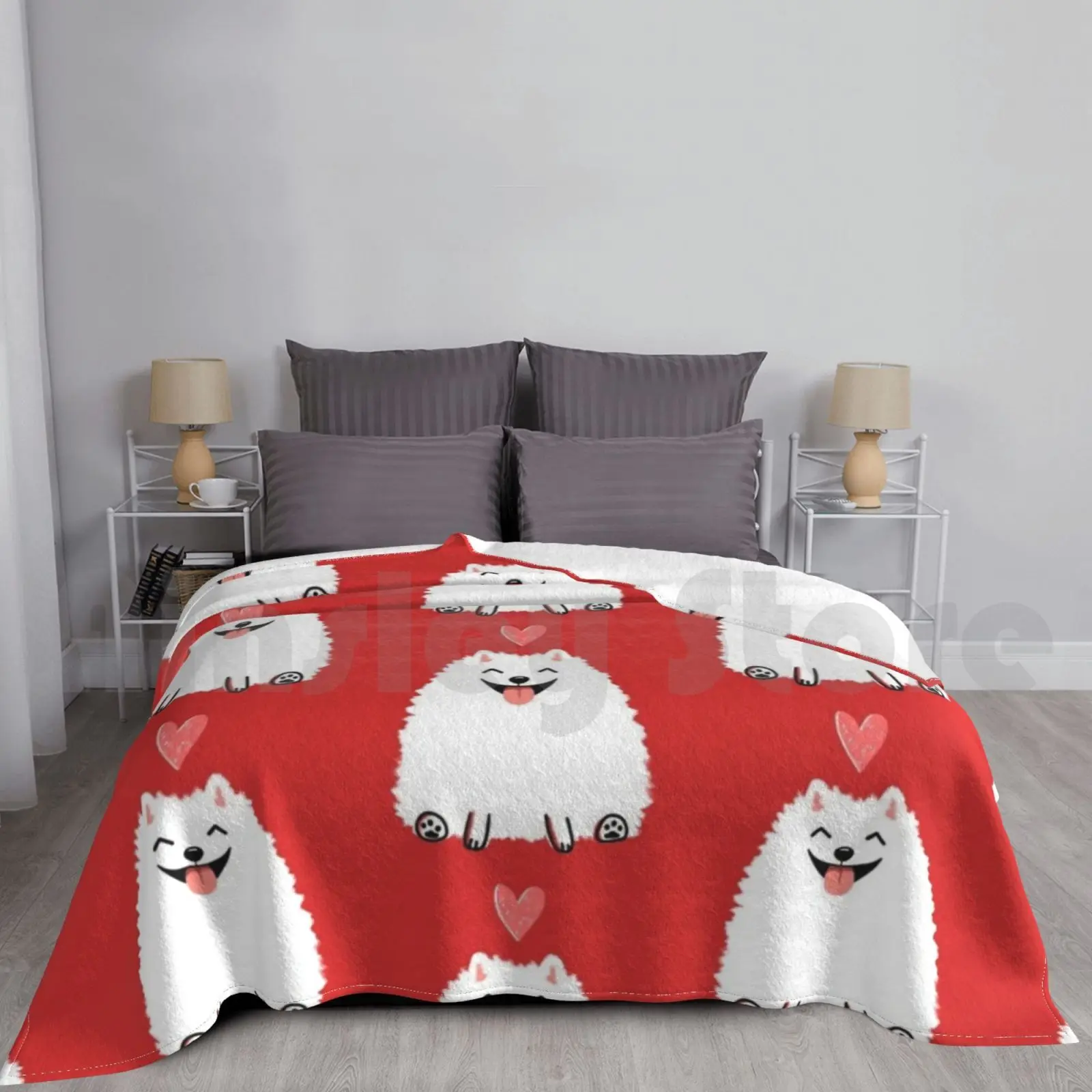 Fluffy White Pomeranian With Valentine Heart | Cute Cartoon Dog Blanket Fashion Custom Pomeranian Pom