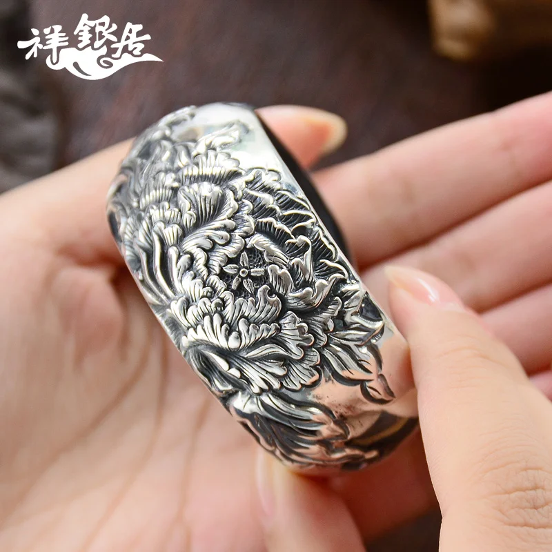 

★Yunnan original design custom handmade silver ornament anaglyph retro 999 foot silver bracelet peony women to speak