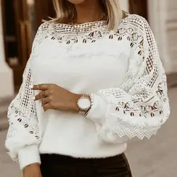 Women's fashion pure white floral hollow long-sleeved puff sleeve sweater autumn and winter hedging all-match single product new