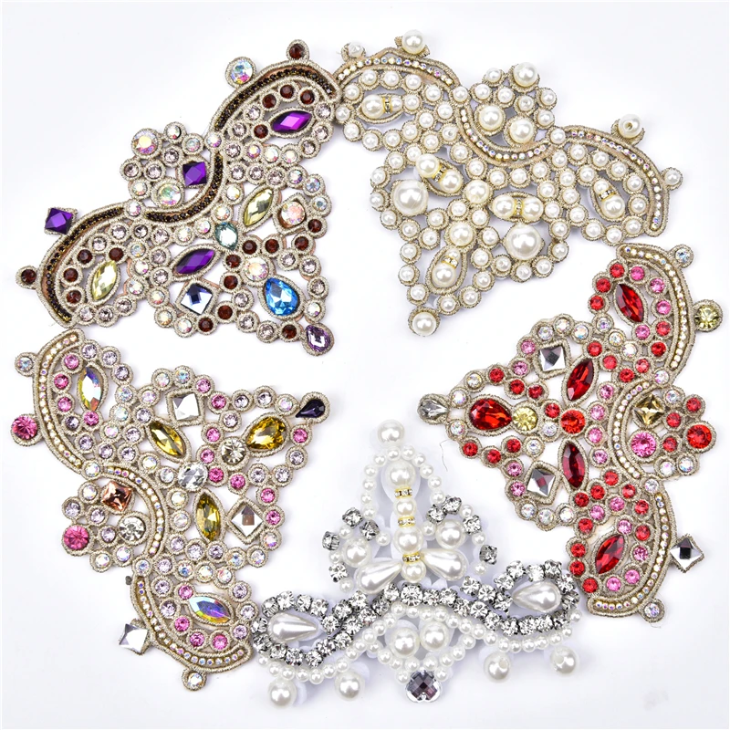 High Heels Shoe Patches Pearl Flower Applique Rhinestone Flatback Iron On Clothing Wedding Bridal Headband Trim Diy Decoration