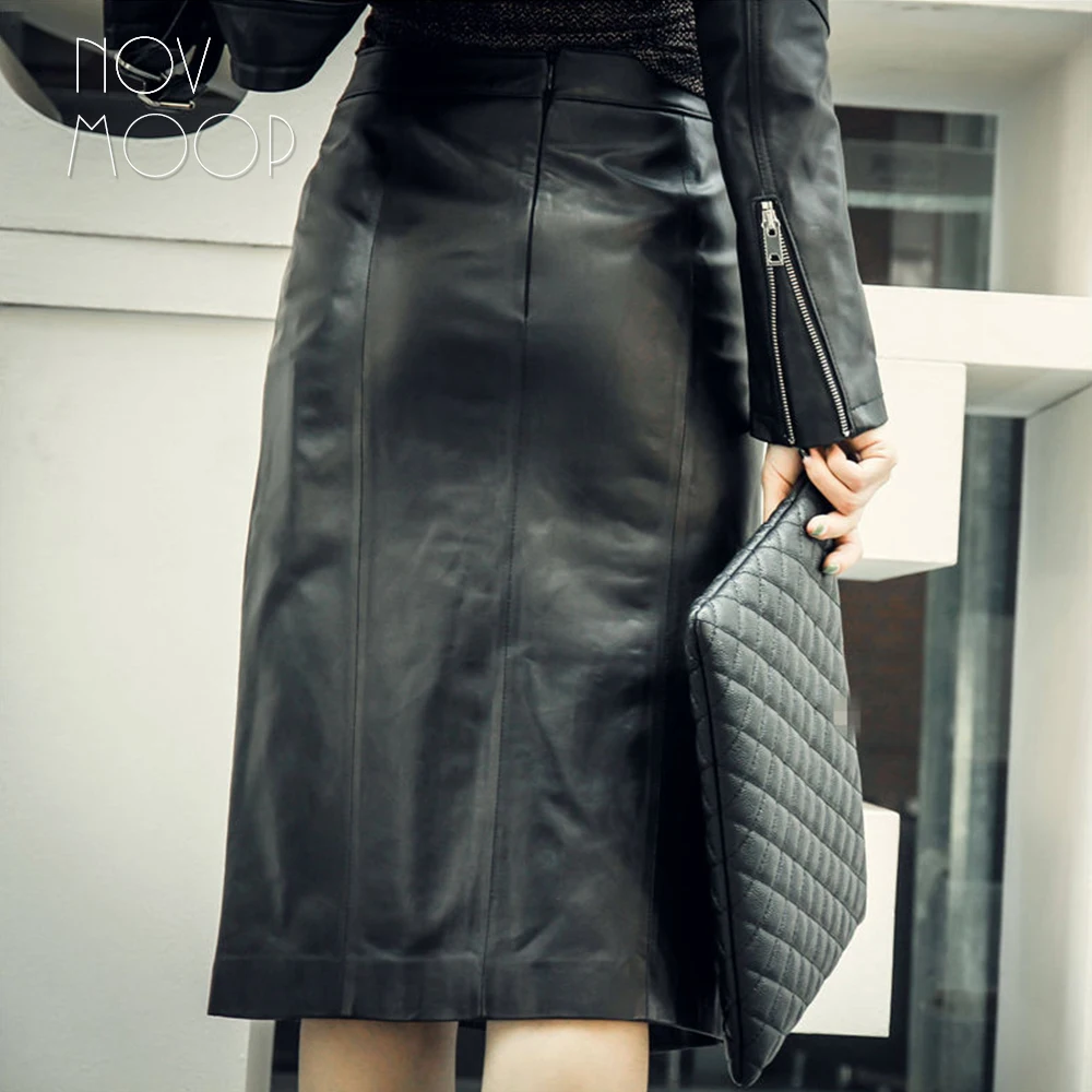 Novmoop high street fashion style black color sheepskin genuine leather mid-length hip skirt with button decor spodnica LT2982