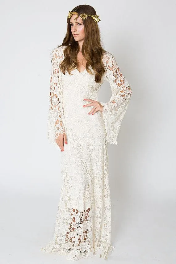 Vintage Bohemian Wedding Gown long sleve lace Crochet Ivory or White Hippie Wedding Dress Boho Embroidered Maxi Lace Dress