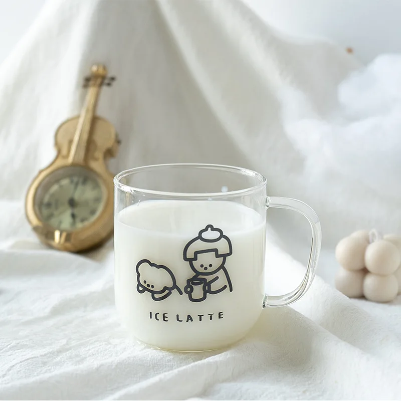 Korean Children's Milk Cup, Cute Stick Figure Printing Glass Water Cup, Espresso Coffee Cup, Hot, Home Heat-Resistant Juice