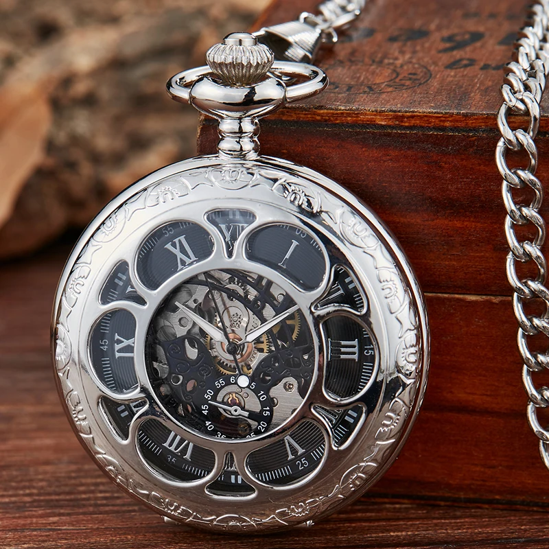 Roman Numerals Dial Mechanical Pocket Watch Luxury Sliver Body Fob Chain Hollow Case Engraved Case Clock for Men Dropshipping