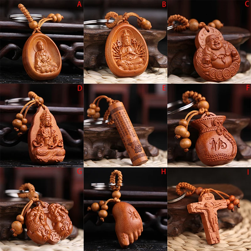 1PC Wood Carving Buddha Pendant Keychain Lucky Jewelry Buckle Unisex Chinese Buddha Keyring For Car Bag Wholesale