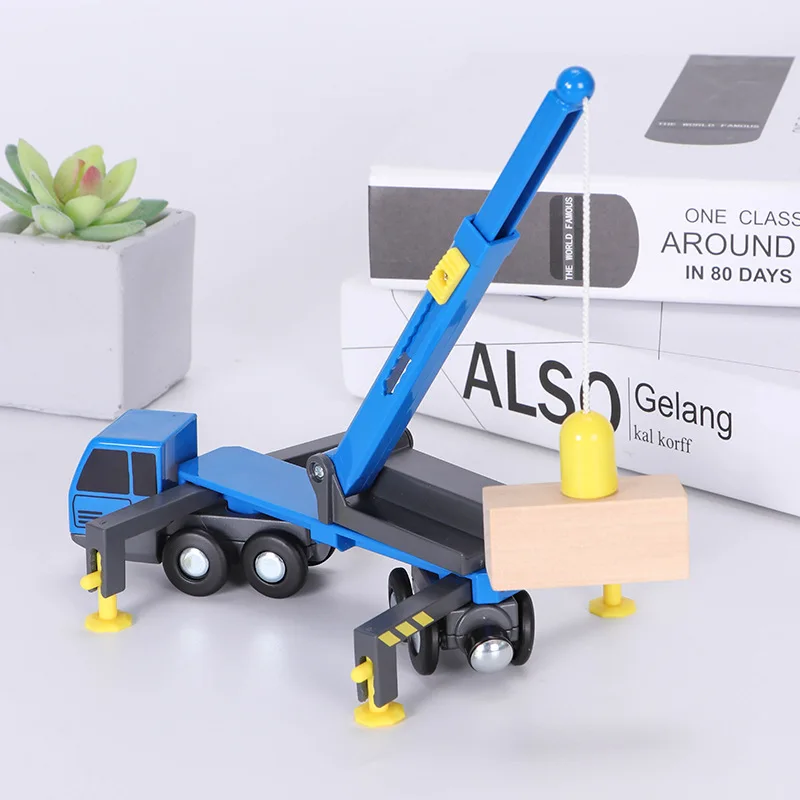 Boom Lifting Crane Toy Plastic Retractable Inertial Hand Push Engineering Truck Compatible with Wooden Train Track Gift W09-2