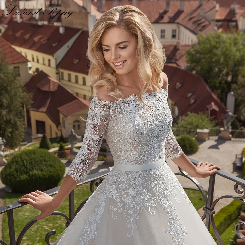 Lceland Poppy Customized A Line Boat Neck Lace Wedding Dresses Half Sleeves Bridal Gowns with Belt