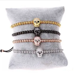 Classic Design Stainless Steel Beads CZ Pave Skull Charm Macrame Bracelet Men Women