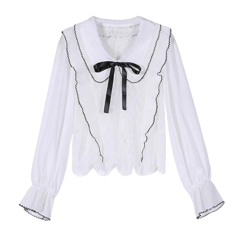 Blusa elegante con manga trompeta para mujer, Camisa de gasa hueca con volantes, cuello de muñeca con lazo, camisa blanca para chica dulce, primavera 2021