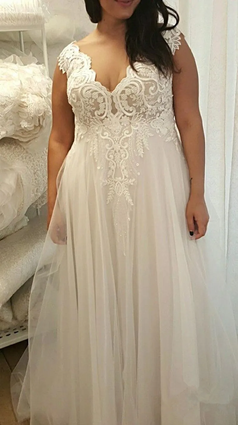 Vestido de novia de talla grande con cuello de pico, ropa de boda Bohemia Vintage de encaje, 2019