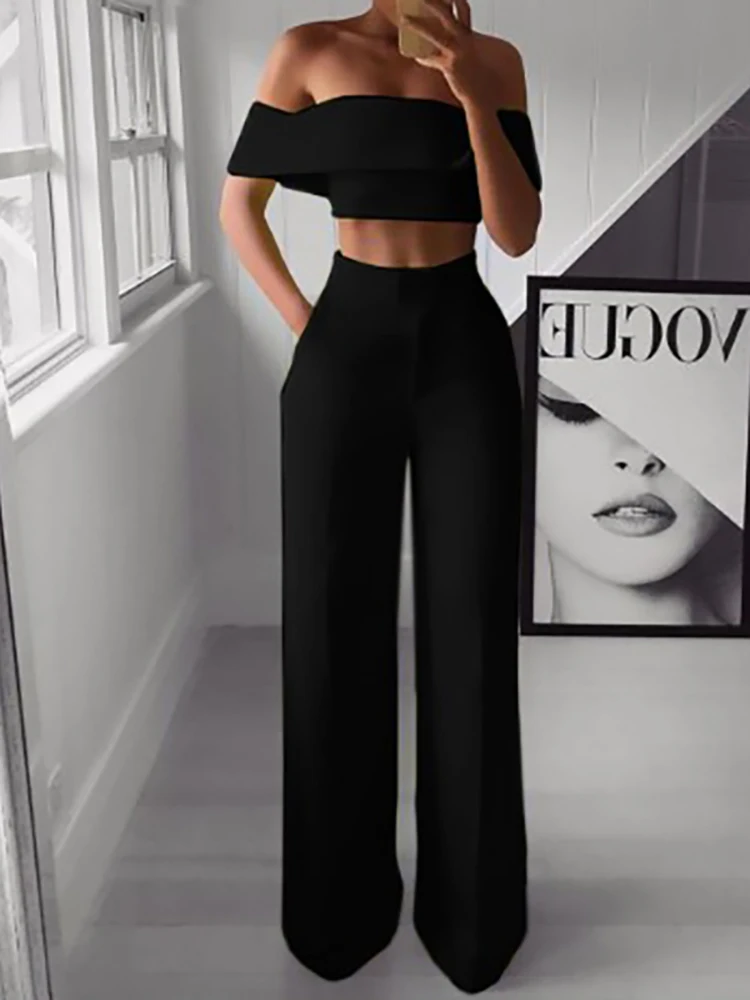 2022 Summer Solid Casual Two Piece Set Women Sexy Short Top Wide Leg Pants Outfits Femme Streetwear Slash Neck Shirt Pant Suit