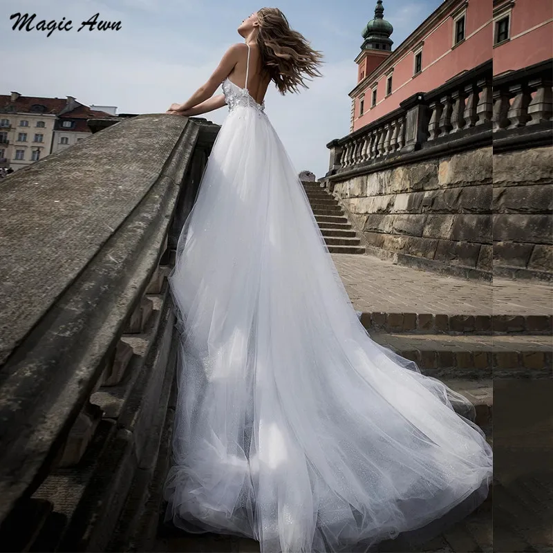 Magic Awn-vestidos de novia brillantes, con espalda descubierta, apliques de flores, línea a Bohemia, vestidos de novia de princesa con cuentas, Túnica de tren de barrido, Mariee, 2021